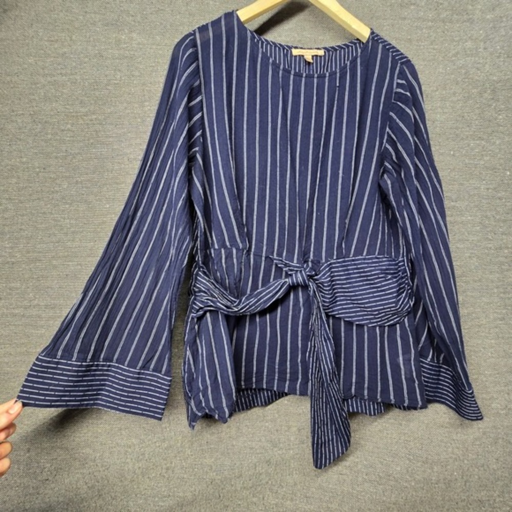 Gibson Latimer Navy Blue White Striped Tie Waist‎ Bell Sleeve Blouse LA1199LYW L